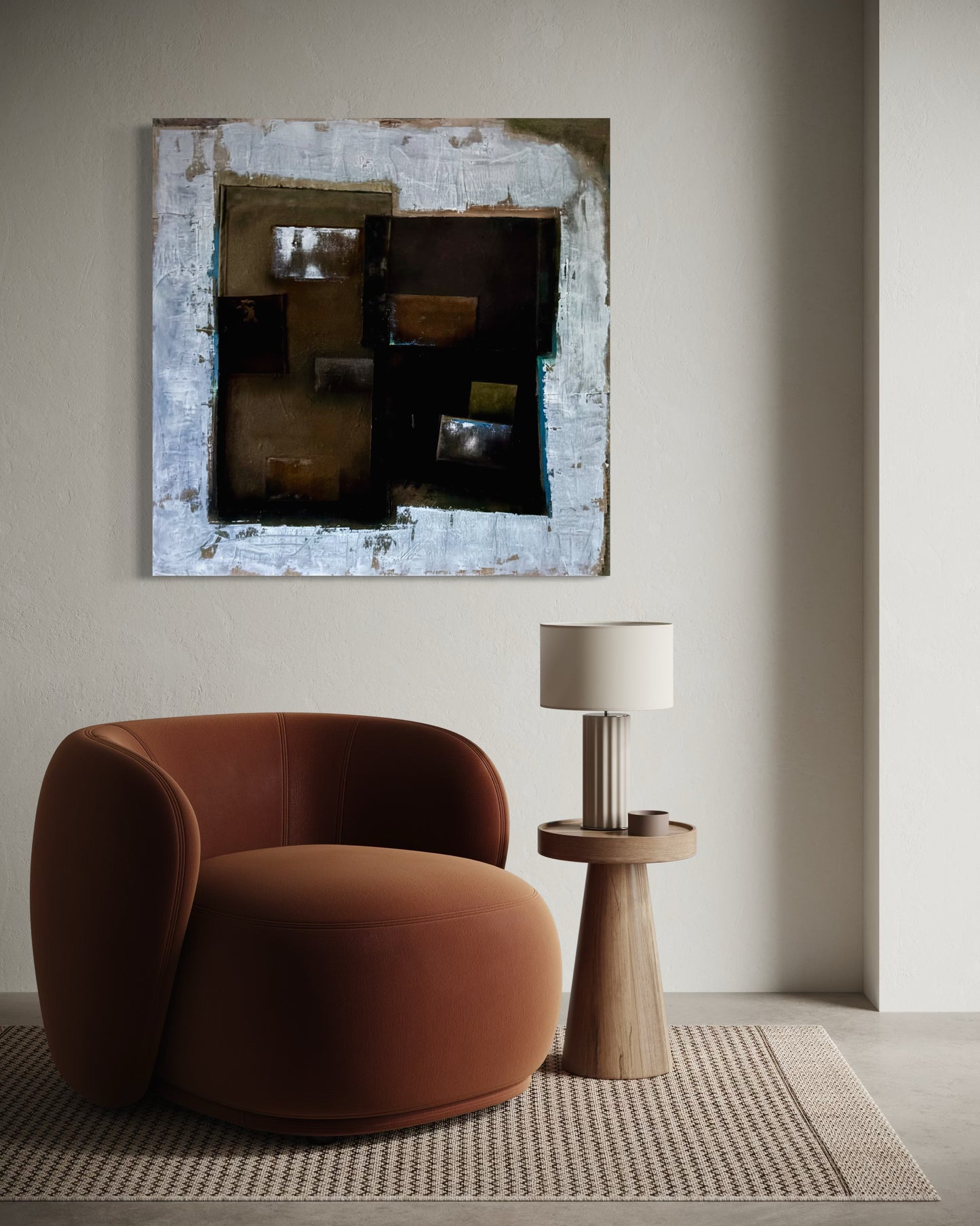 Málverk, brúnir og hvítir fletir